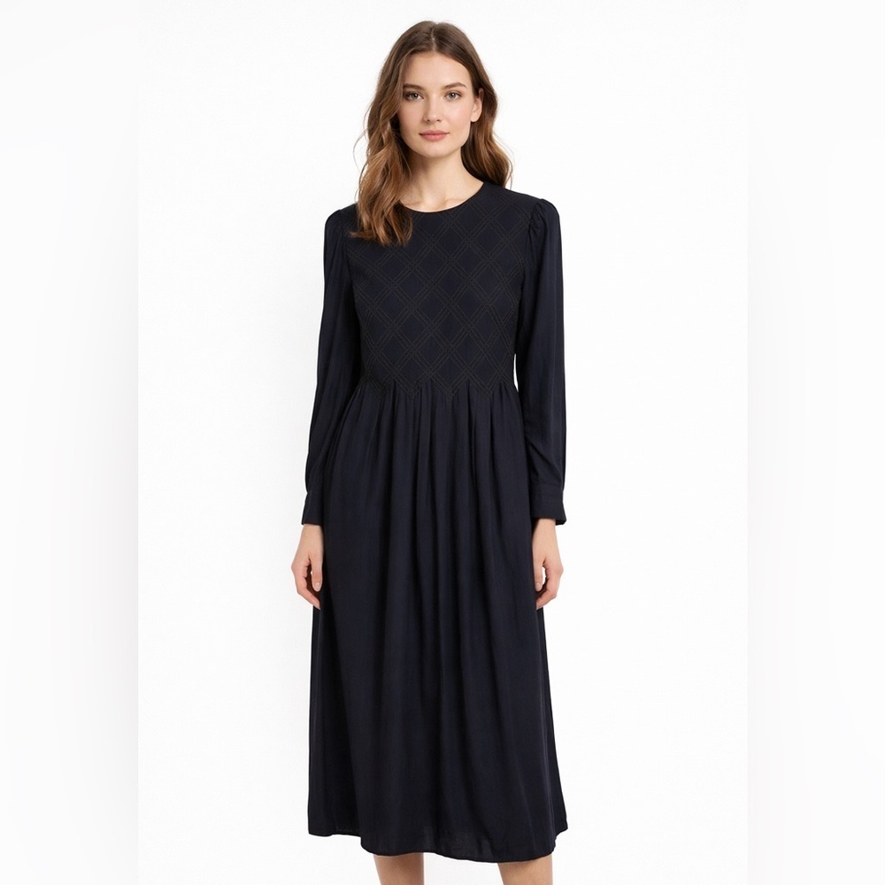 Sarah Elizabeth Vintage Navy Smocked Midi Dress Long Sleeve Academia 6